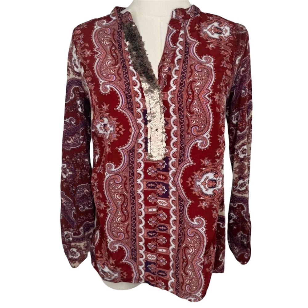 Tiny Anthropologie Devas Popover Blouse XS Paisley Bohemian Sequin Embellished